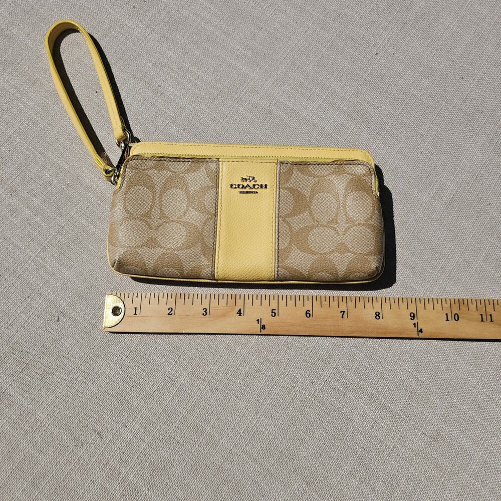 Coach Signature Yellow and Tan Zip around Wallet 2 zippers Wrist Strap - Picture 7 of 10